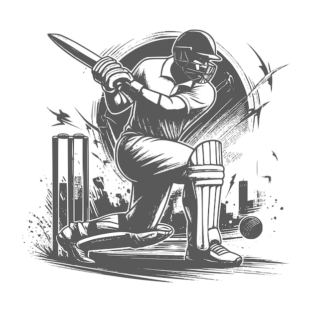 Vector black silhouette of cricket playing flat vector illustrations