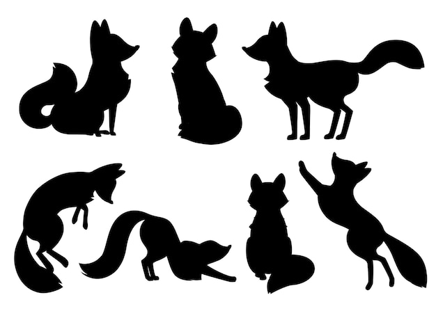 Black silhouette. Cute cartoon fox set. Funny red fox collection. Emotion little animal. Cartoon animal character design. Flat  illustration isolated on white background.