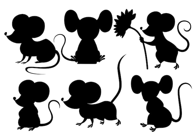 Black silhouette. Cute cartoon mouse set. Funny little grey mouse collection. Emotion little animal. Cartoon animal character design. Flat  illustration isolated on white background.