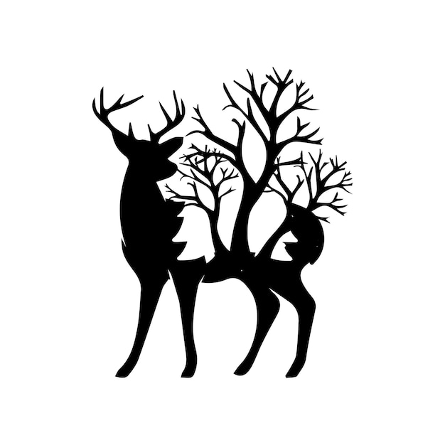 Vector black silhouette deer in the forest isolated vector