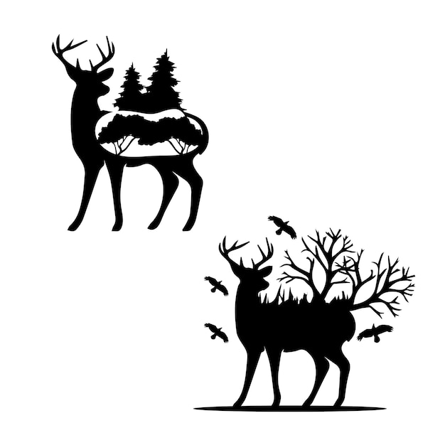 black silhouette deer in the forest isolated vector