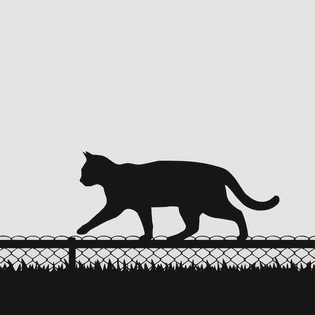 Vector black silhouette design of a cat on a fence