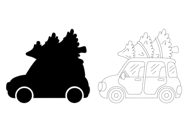 Black silhouette Design element The car is carrying a Christmas tree Template for books stickers posters cards