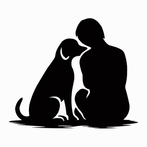 Vector black silhouette design of a man and a dog sitting