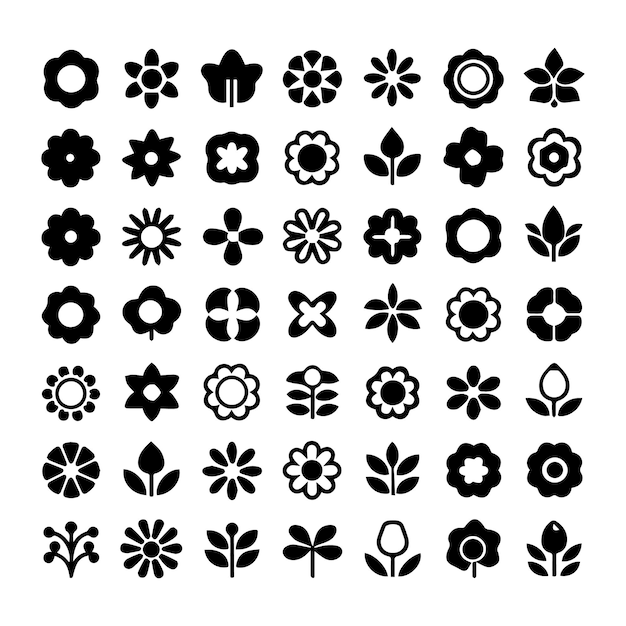 Vector black silhouette different shape vector flower icon collection