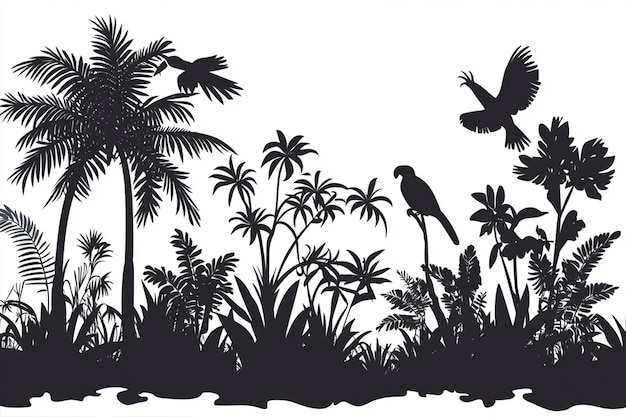 Vector black silhouette of exotic rainforest scene