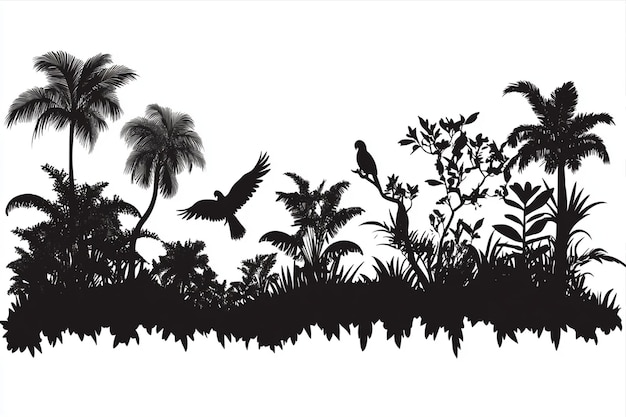 Black Silhouette Of Exotic Rainforest Scene