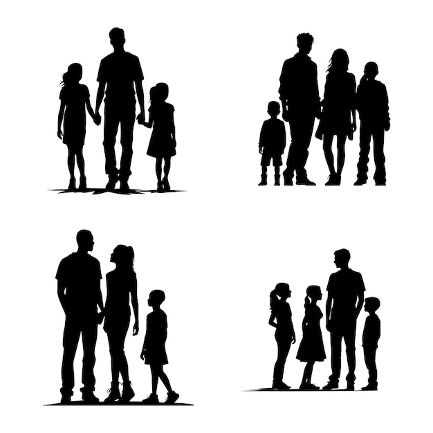 Vector black silhouette of a family school pose