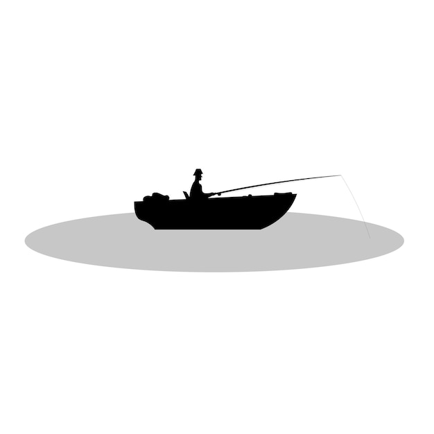 Vector black silhouette of a fisherman sitting in a boat and fishing with a rod vector illustration isolated on white background