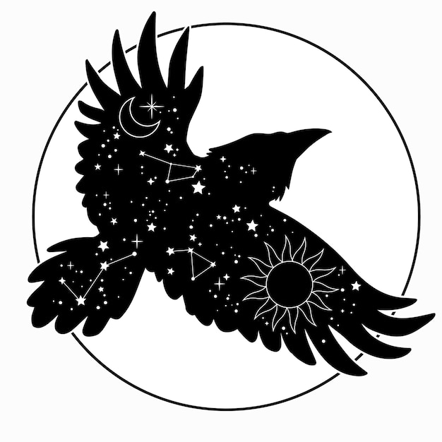 Vector black silhouette of a flying bird with stars and space on the wings