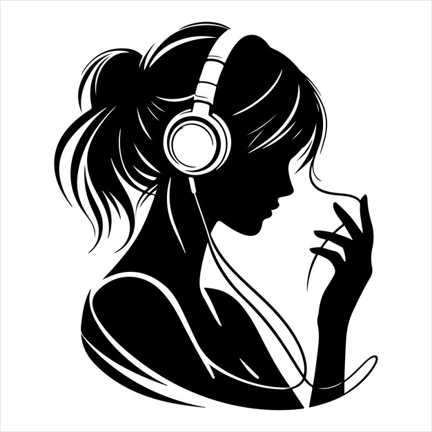 Vector black silhouette of a girl with headphones listening to music smooth lines on a pure white backgroun