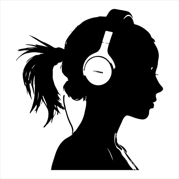 Vector black silhouette of a girl with headphones listening to music smooth lines on a pure white backgroun