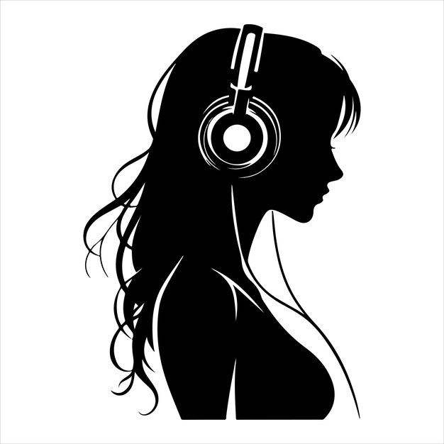 Vector black silhouette of a girl with headphones listening to music smooth lines on a pure white backgroun