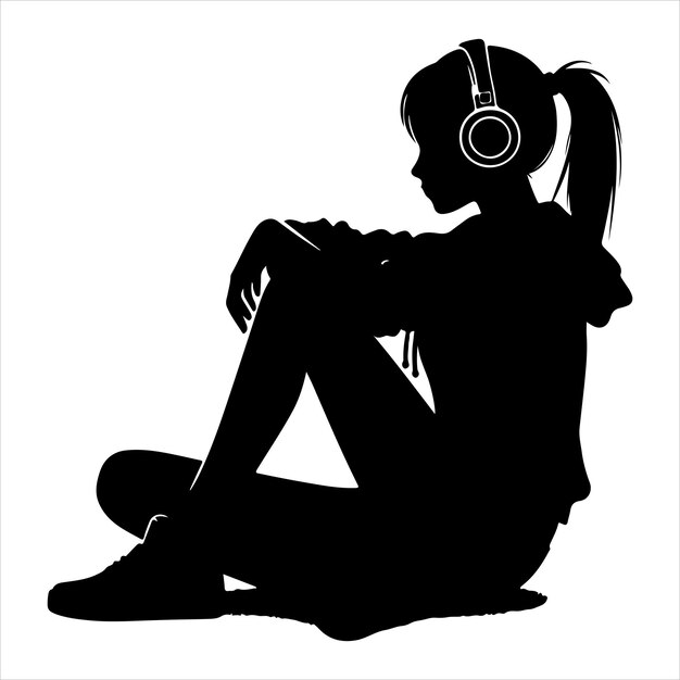 Vector black silhouette of a girl with headphones listening to music smooth lines on a pure white backgroun