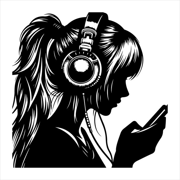 Black silhouette of a girl with headphones listening to music smooth lines on a pure white backgroun