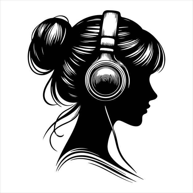 Vector black silhouette of a girl with headphones listening to music smooth lines on a pure white backgroun