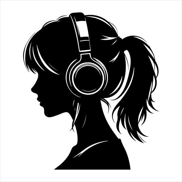 Vector black silhouette of a girl with headphones listening to music smooth lines on a pure white backgroun