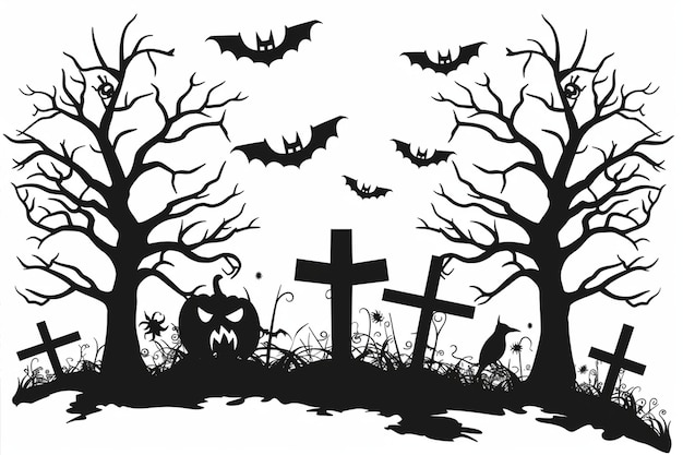 Black Silhouette Halloween Graveyard Vector