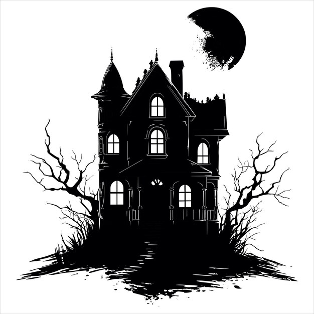 Vector a black silhouette haunted house on a white background