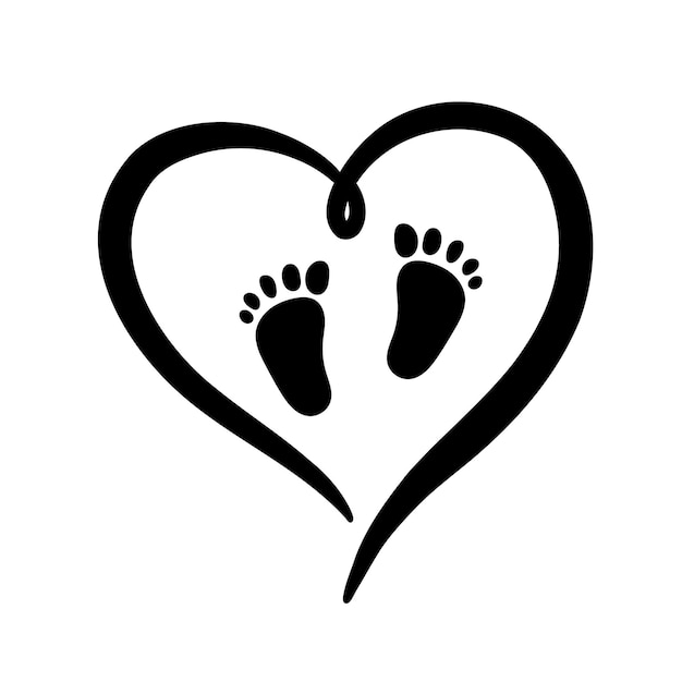 Black silhouette of heart baby footprint Vector simple illustration of silhouette of heart isolated on white