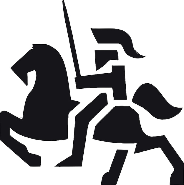 A black silhouette of a knight on a horse with a sword on his arm.