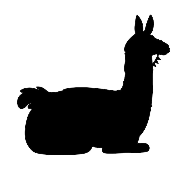 Black silhouette of llama sitting on ground cartoon animal design flat vector illustration isolated on white background side view.