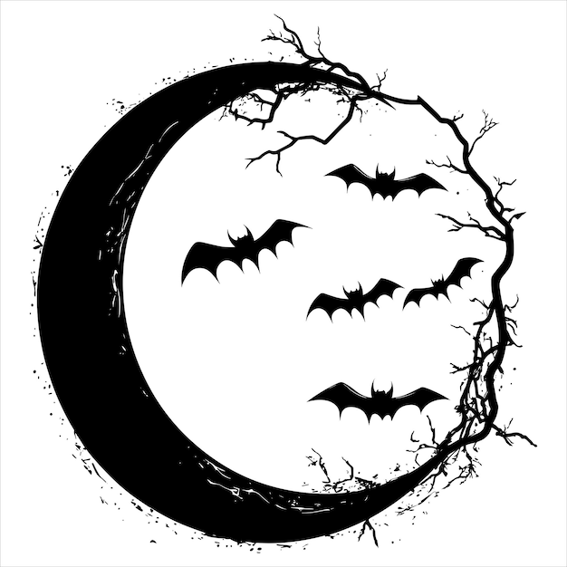 Vector a black silhouette moon with bats on a white background