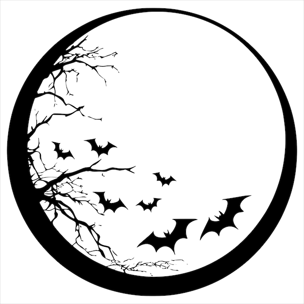 A black silhouette moon with bats on a white background