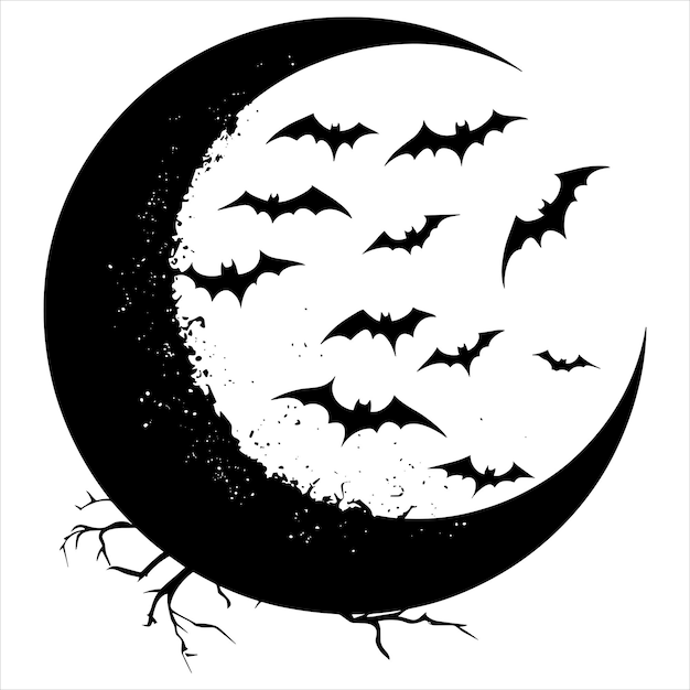 A black silhouette moon with bats on a white background