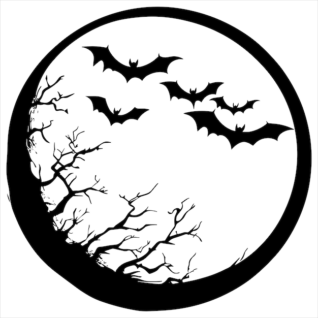 Vector a black silhouette moon with bats on a white background