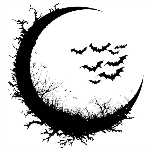 A black silhouette moon with bats on a white background