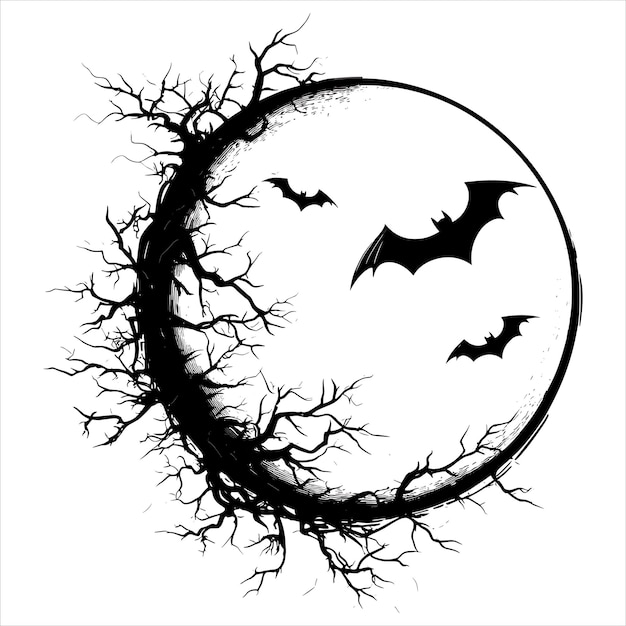 A black silhouette moon with bats on a white background