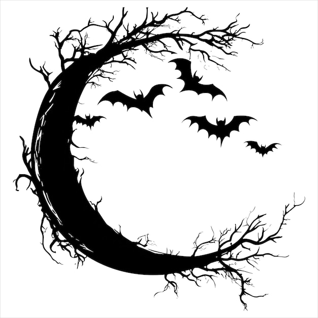 A black silhouette moon with bats on a white background