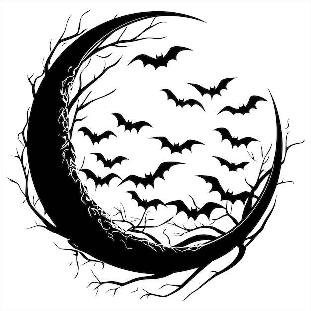 A black silhouette moon with bats on a white background