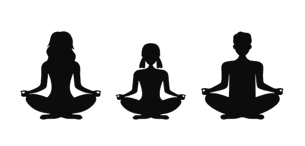 Black silhouette of mother daughter and father in a pose for meditation