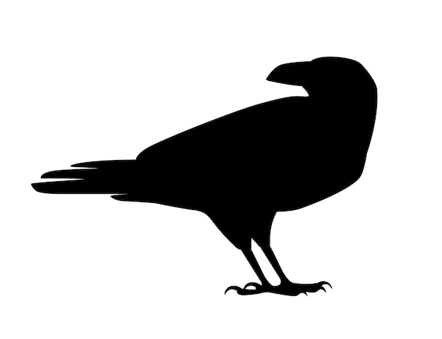 Black silhouette raven bird cartoon crow design flat vector animal illustration isolated on white background