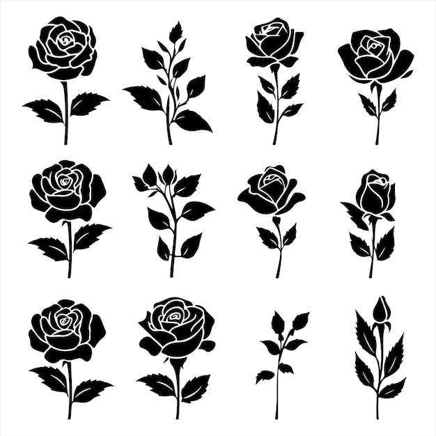 A black silhouette Rose flower set