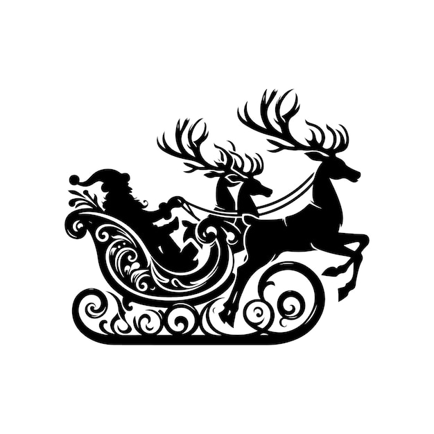 A Black Silhouette Santa Sleigh and Reindeer Vector with a white background