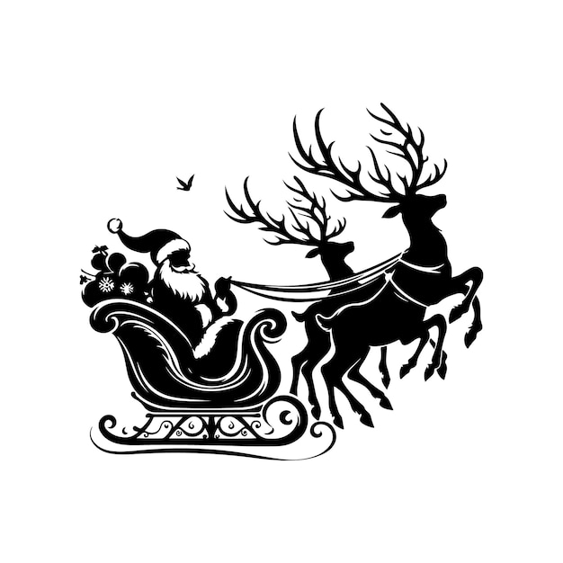 A Black Silhouette Santa Sleigh and Reindeer Vector with a white background