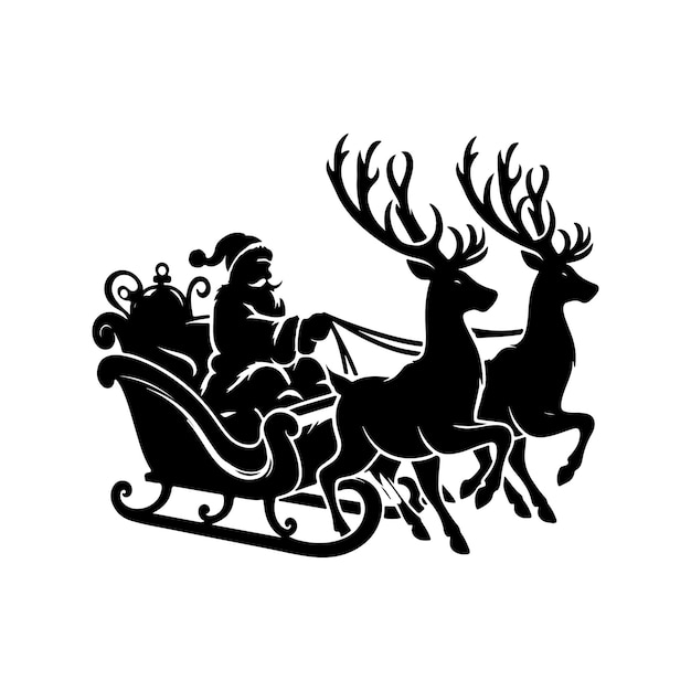 A Black Silhouette Santa Sleigh and Reindeer Vector with a white background