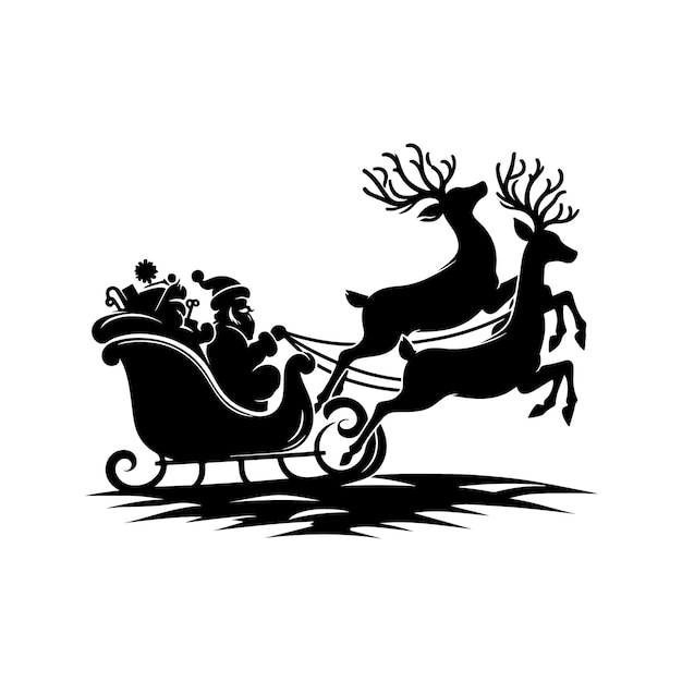 Vector a black silhouette santa sleigh and reindeer vector with a white background