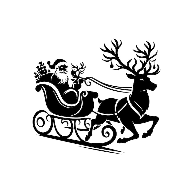 A Black Silhouette Santa Sleigh and Reindeer Vector with a white background