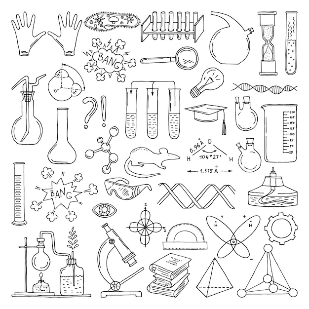 Black silhouette of scientific symbols. Chemistry and biology art. Education vector elements set