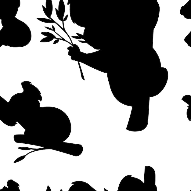 Black silhouette seamless pattern of cute grey koala bear in different poses eating sleeping leaves cartoon animal design flat vector illustration on white background