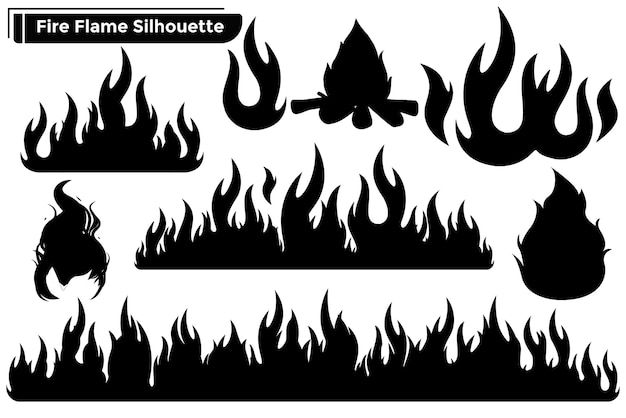 Black silhouette set of Fire Flame on white background