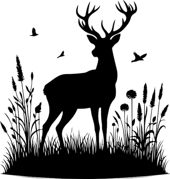 black silhouette of standing deer on white background of vector illustration