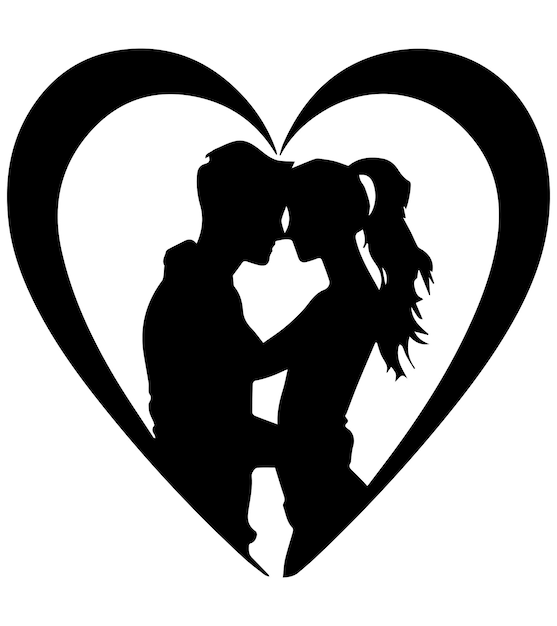 black Silhouette of a sum couple forming a love shape for sticker and decor white background