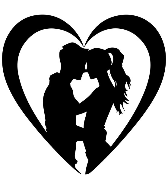 Vector black silhouette of a sum couple forming a love shape for sticker and decor white background