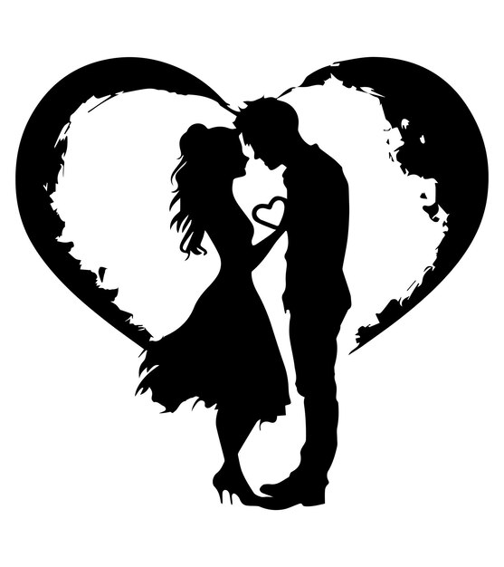 Vector black silhouette of a sum couple forming a love shape for sticker and decor white background