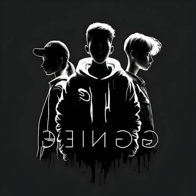 Black silhouette of a three boys on grey background